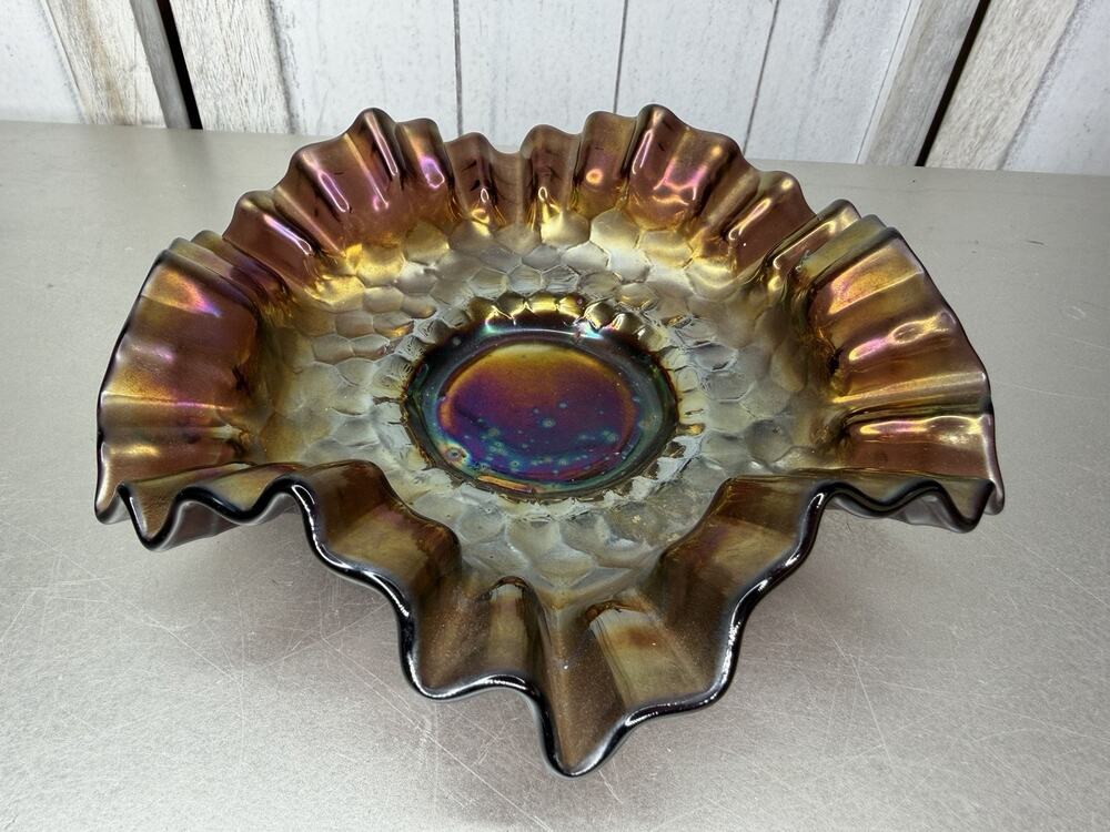 Vintage Fenton Art Glass Carnival Ruffle Edge Bowl Amethyst Purple Holographic